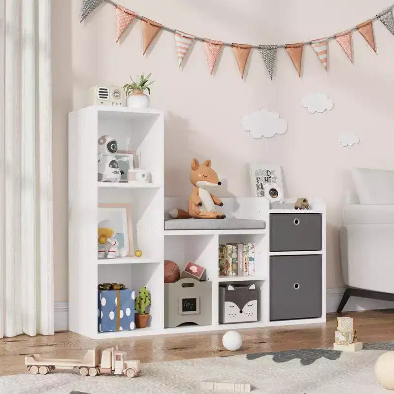 Kids BookshelfChildren Bookcase with Soft Cushion Seat Childrens Toy Storage Cubby & Reading Nook, 44.1 Kids Storage Cabinet