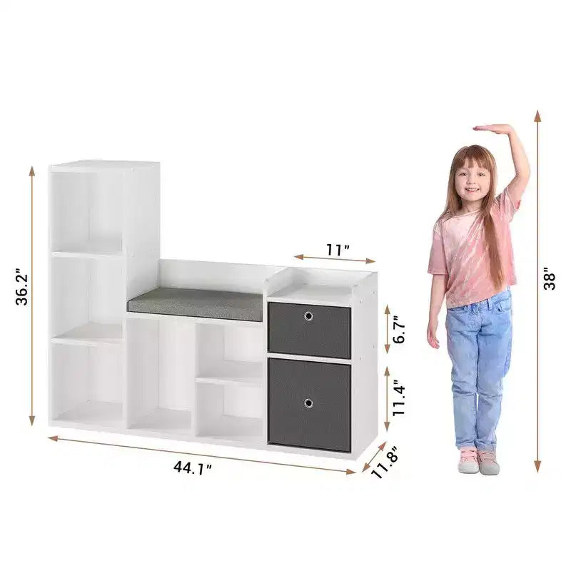 Kids BookshelfChildren Bookcase with Soft Cushion Seat Childrens Toy Storage Cubby & Reading Nook, 44.1 Kids Storage Cabinet