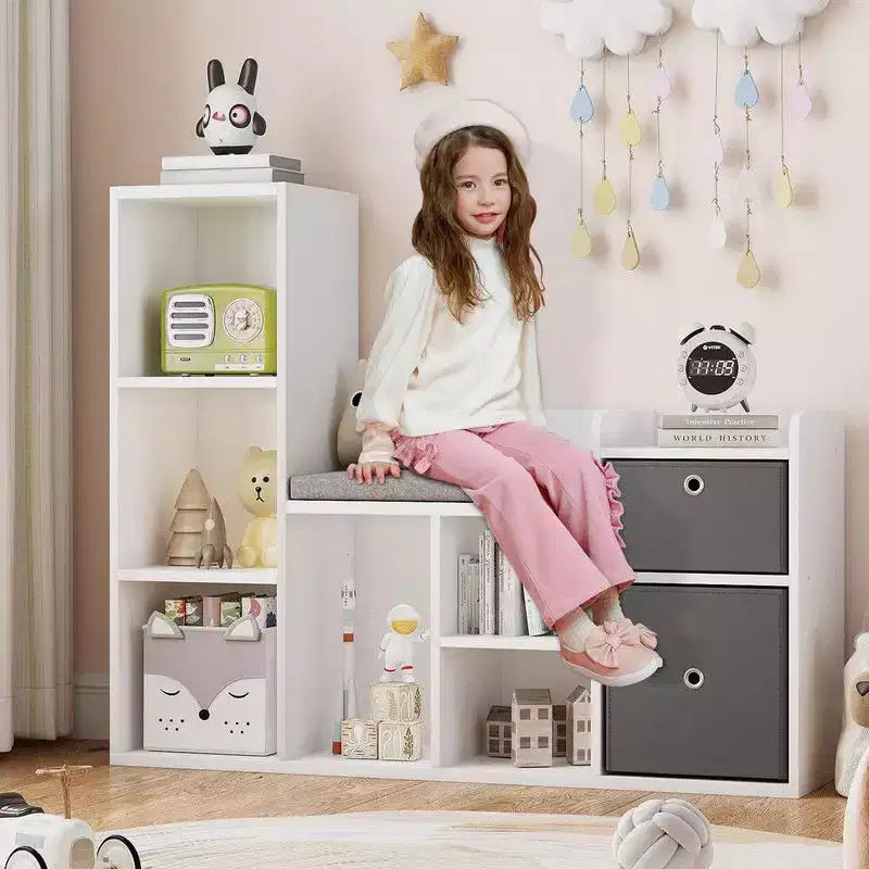 Kids BookshelfChildren Bookcase with Soft Cushion Seat Childrens Toy Storage Cubby & Reading Nook, 44.1 Kids Storage Cabinet
