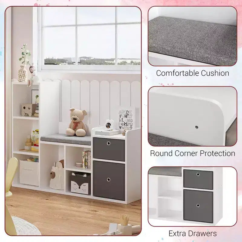 Kids BookshelfChildren Bookcase with Soft Cushion Seat Childrens Toy Storage Cubby & Reading Nook, 44.1 Kids Storage Cabinet