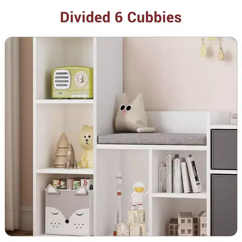 Kids BookshelfChildren Bookcase with Soft Cushion Seat Childrens Toy Storage Cubby & Reading Nook, 44.1 Kids Storage Cabinet