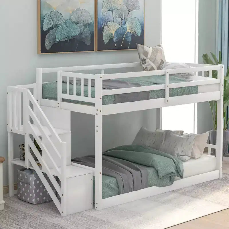 Twin over Twin Bunk Bed with Staircase and Storages for Teens, Stairway Solid Wood Low Bunk Beds with Wood Support Slats