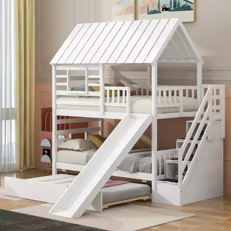 Twin over Twin House Bunk Beds with Slide, Twin Bunk Bed with Storage Stairs and Trundle, Wood Kids Bunk Bed with Roof and Window