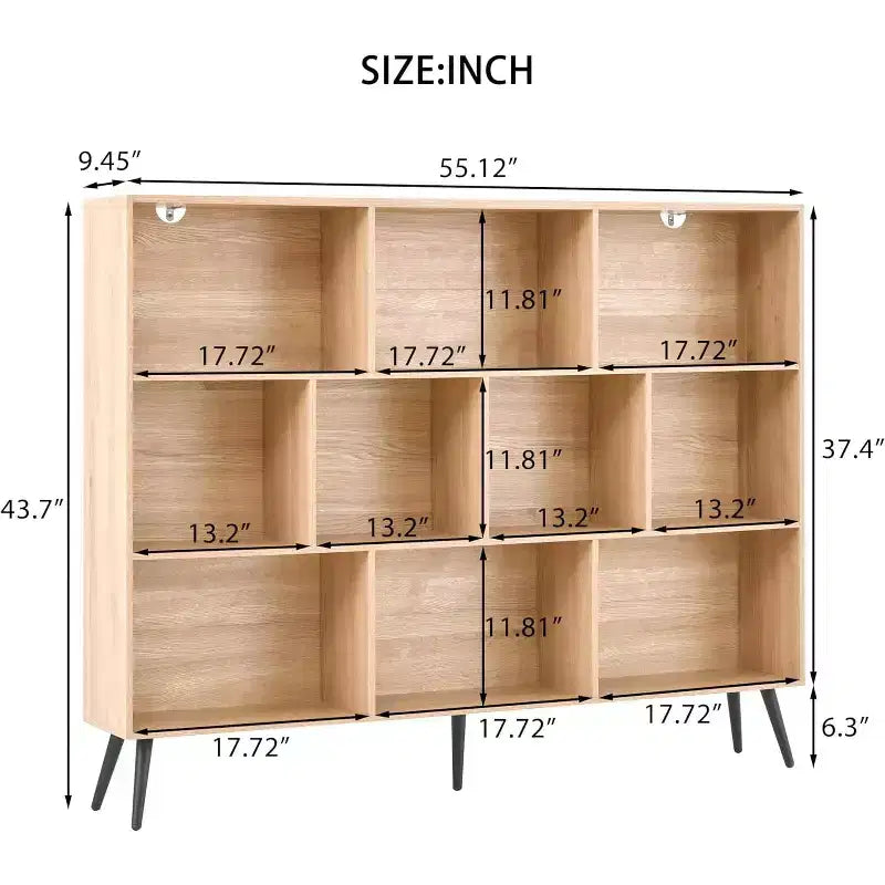 COZONY 10-Cube 3-Tier Bookshelf with 5 Iron Legs, Wooden Freestanding Open Shelf Storage Organizer for Home Office Living Room Bedroom