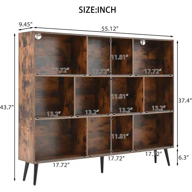 COZONY 10-Cube 3-Tier Bookshelf with 5 Iron Legs, Wooden Freestanding Open Shelf Storage Organizer for Home Office Living Room Bedroom