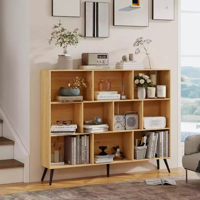 COZONY 10-Cube 3-Tier Bookshelf with 5 Iron Legs, Wooden Freestanding Open Shelf Storage Organizer for Home Office Living Room Bedroom
