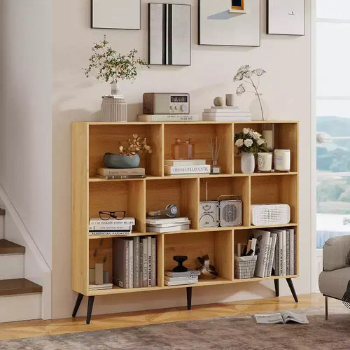 COZONY 10-Cube 3-Tier Bookshelf with 5 Iron Legs, Wooden Freestanding Open Shelf Storage Organizer for Home Office Living Room Bedroom