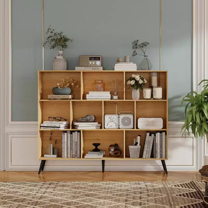 COZONY 10-Cube 3-Tier Bookshelf with 5 Iron Legs, Wooden Freestanding Open Shelf Storage Organizer for Home Office Living Room Bedroom