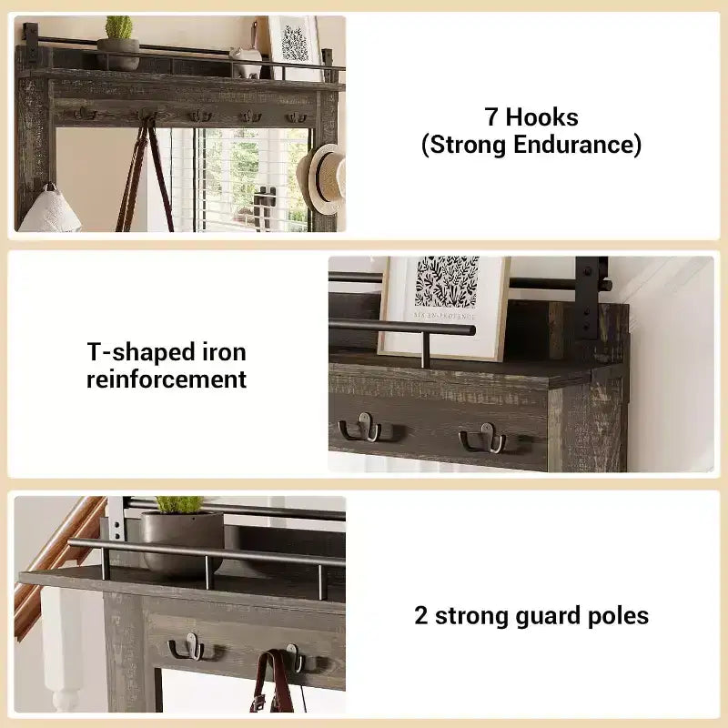 COZONY 5-in-1 Hall Tree with Shoe Storage, Adjustable Side Stand, Coat Rack & Dressing Table, Corner Design for Hallway, Living Room, Mudroom