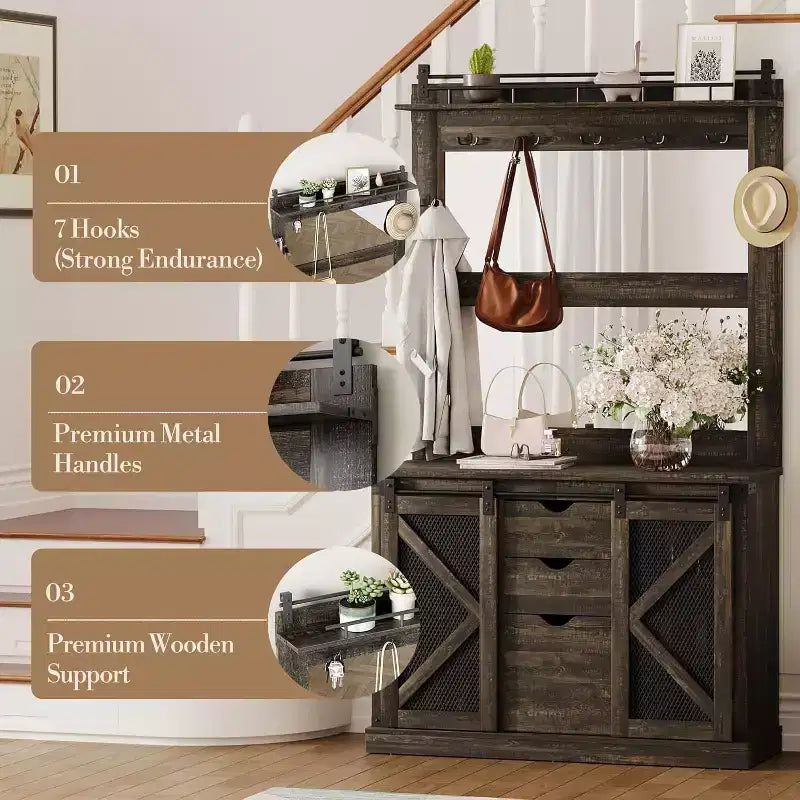 COZONY 5-in-1 Hall Tree with Shoe Storage, Adjustable Side Stand, Coat Rack & Dressing Table, Corner Design for Hallway, Living Room, Mudroom