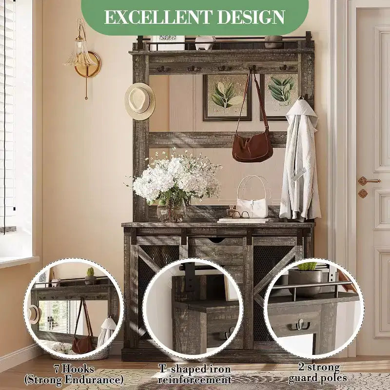 COZONY 5-in-1 Hall Tree with Shoe Storage, Adjustable Side Stand, Coat Rack & Dressing Table, Corner Design for Hallway, Living Room, Mudroom