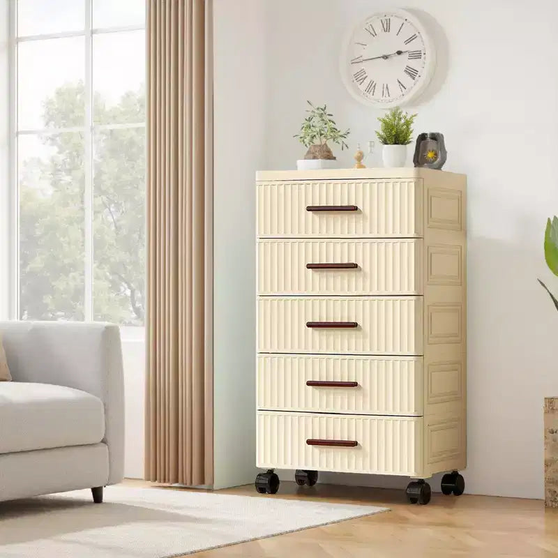 Multifunctional 4-5 Drawer Dresser Snack Children's Toys Books Clothes Storage Cabinet Cream Color for Bedside Table Living Room