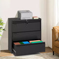TROPOW 3-Drawer Lateral File Cabinet - Black Metal Storage with Lock for Letter/Legal/A4 Documents (Home/Office Use)