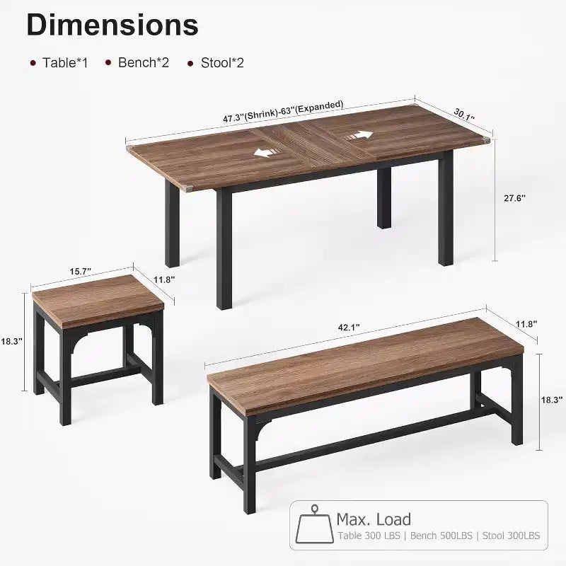 63 Large Extendable Dining Table Kitchen Table for 6-8, with Sturdy Metal Frame, Saving Space for Kitchen, Dining Room, Apartment