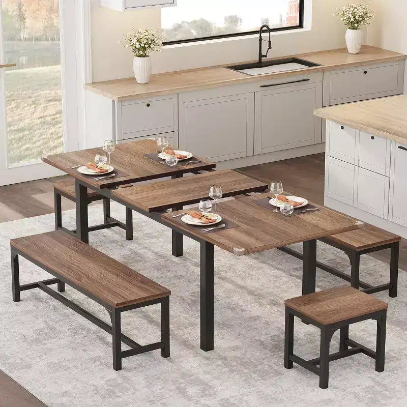 63 Large Extendable Dining Table Kitchen Table for 6-8, with Sturdy Metal Frame, Saving Space for Kitchen, Dining Room, Apartment