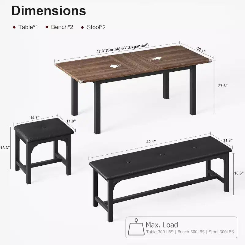 63 Large Extendable Dining Table Kitchen Table for 6-8, with Sturdy Metal Frame, Saving Space for Kitchen, Dining Room, Apartment