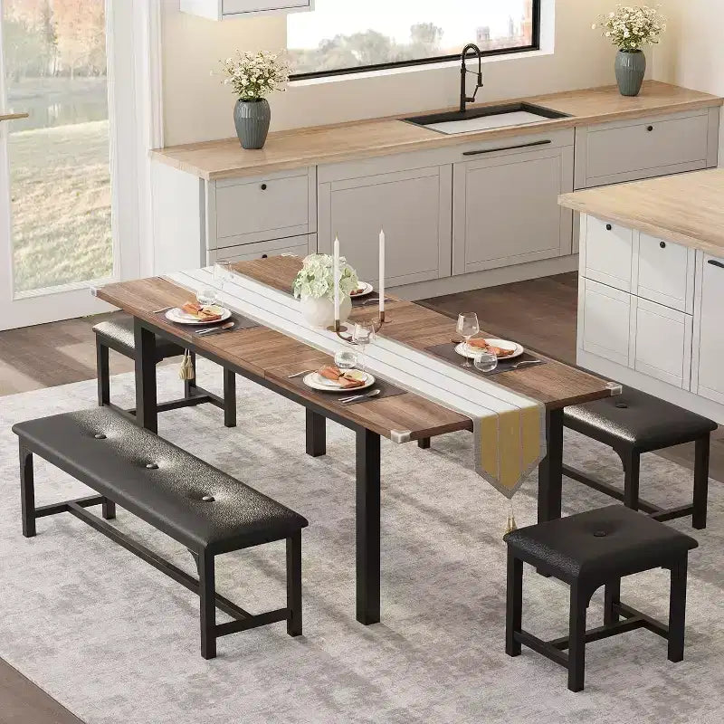 63 Large Extendable Dining Table Kitchen Table for 6-8, with Sturdy Metal Frame, Saving Space for Kitchen, Dining Room, Apartment