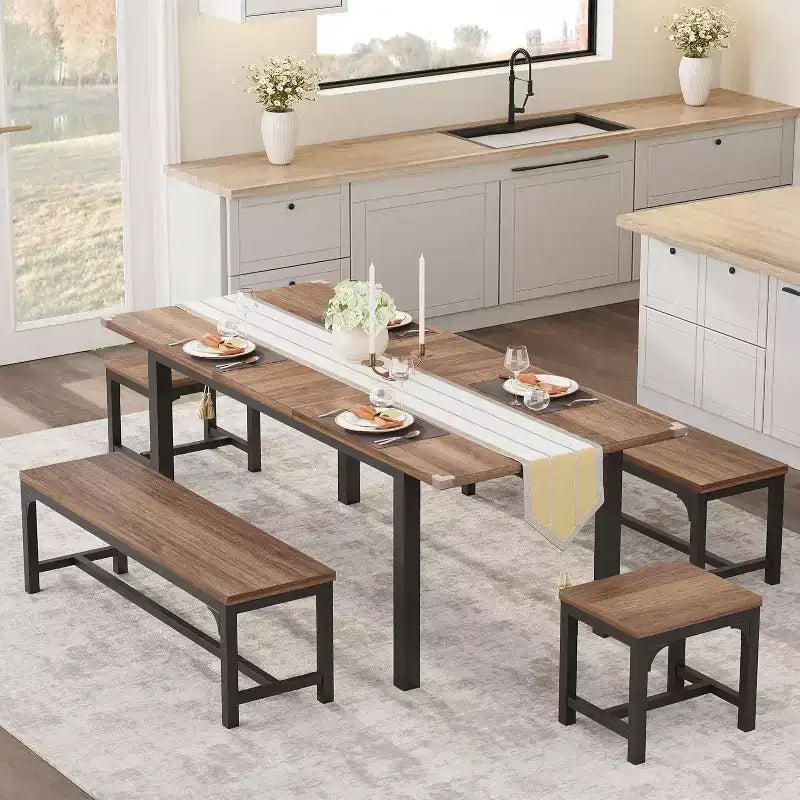 63 Large Extendable Dining Table Kitchen Table for 6-8, with Sturdy Metal Frame, Saving Space for Kitchen, Dining Room, Apartment