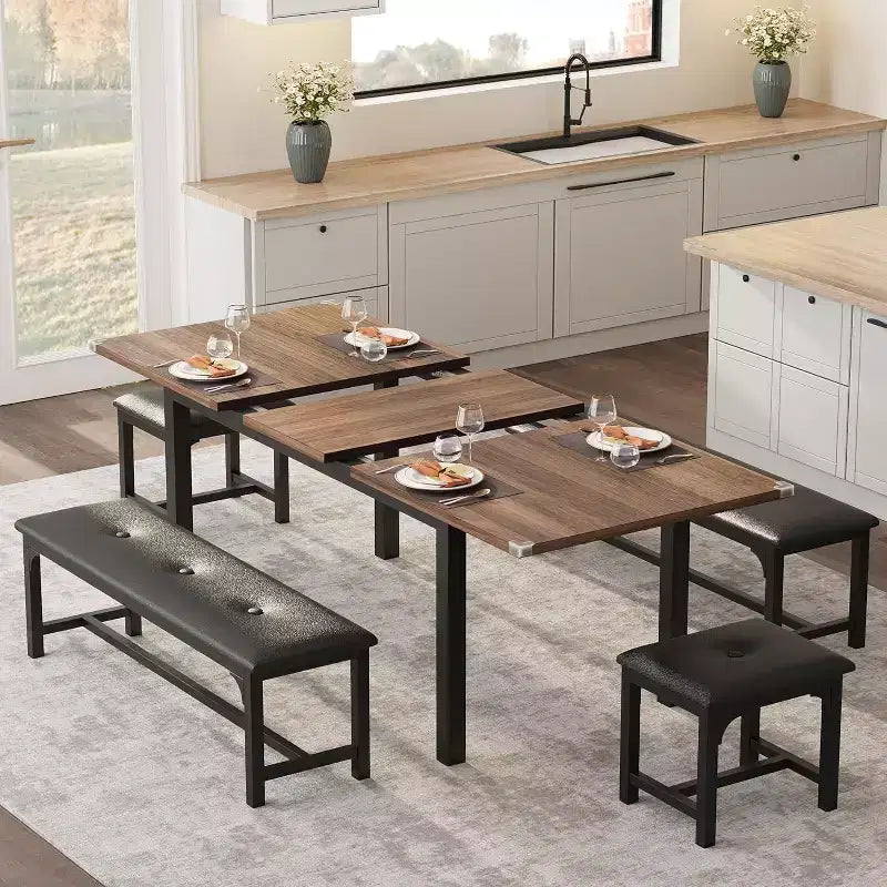 63 Large Extendable Dining Table Kitchen Table for 6-8, with Sturdy Metal Frame, Saving Space for Kitchen, Dining Room, Apartment