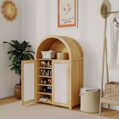 Coolmee 5 Tier Arched Shoe Storage Cabinet with Rattan Doors, Freestanding Shoe Rack with Adjustable Shelves for Entryway, Hallway, Living Room