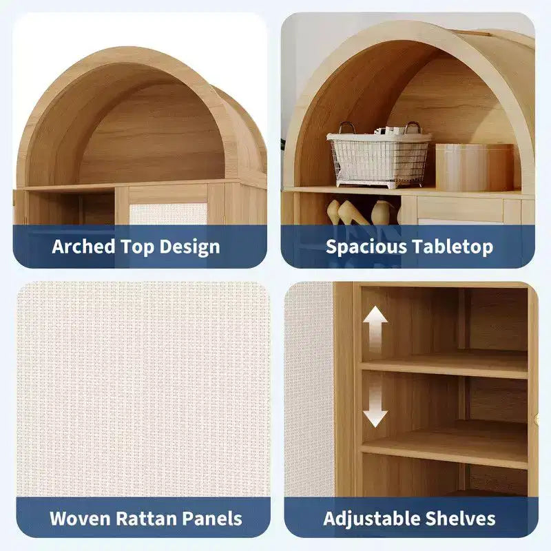 Coolmee 5 Tier Arched Shoe Storage Cabinet with Rattan Doors, Freestanding Shoe Rack with Adjustable Shelves for Entryway, Hallway, Living Room