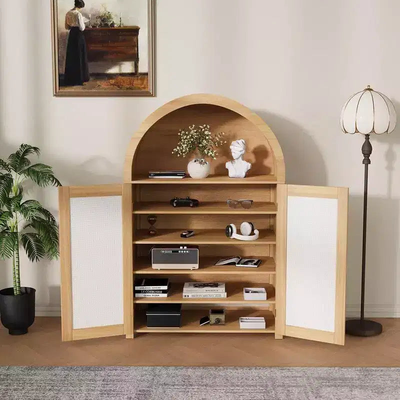 Coolmee 5 Tier Arched Shoe Storage Cabinet with Rattan Doors, Freestanding Shoe Rack with Adjustable Shelves for Entryway, Hallway, Living Room