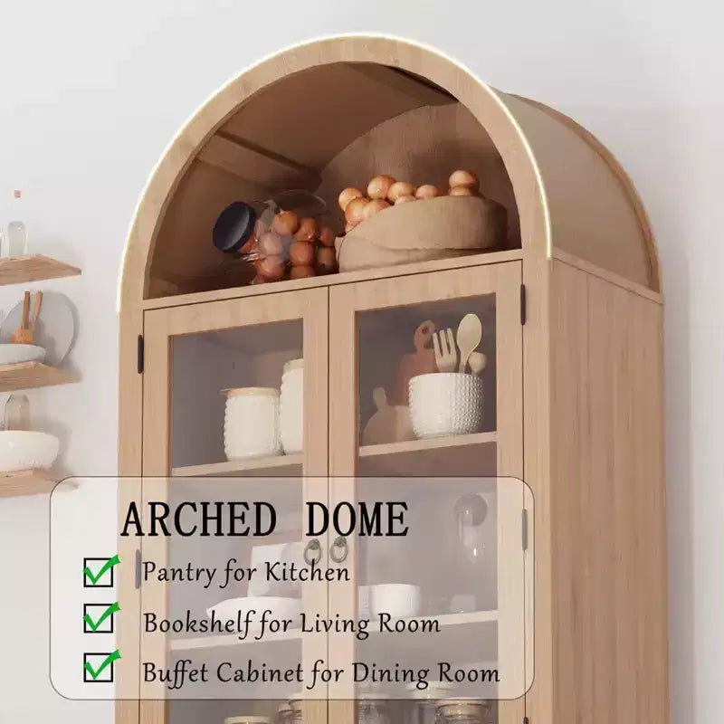 71 Arched Bookcase with Glass Doors&Rattan Storage,Modern Kitchen Storage Cabinet with Adjustable Shelves,Wood Cupboard for Dining Room&Living Room