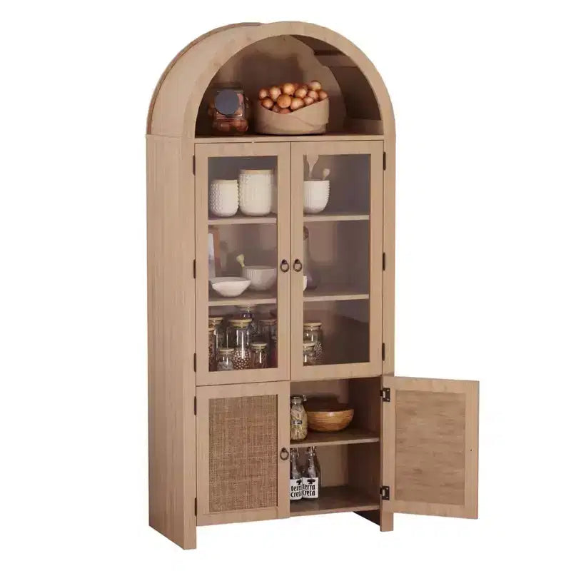 71 Arched Bookcase with Glass Doors&Rattan Storage,Modern Kitchen Storage Cabinet with Adjustable Shelves,Wood Cupboard for Dining Room&Living Room