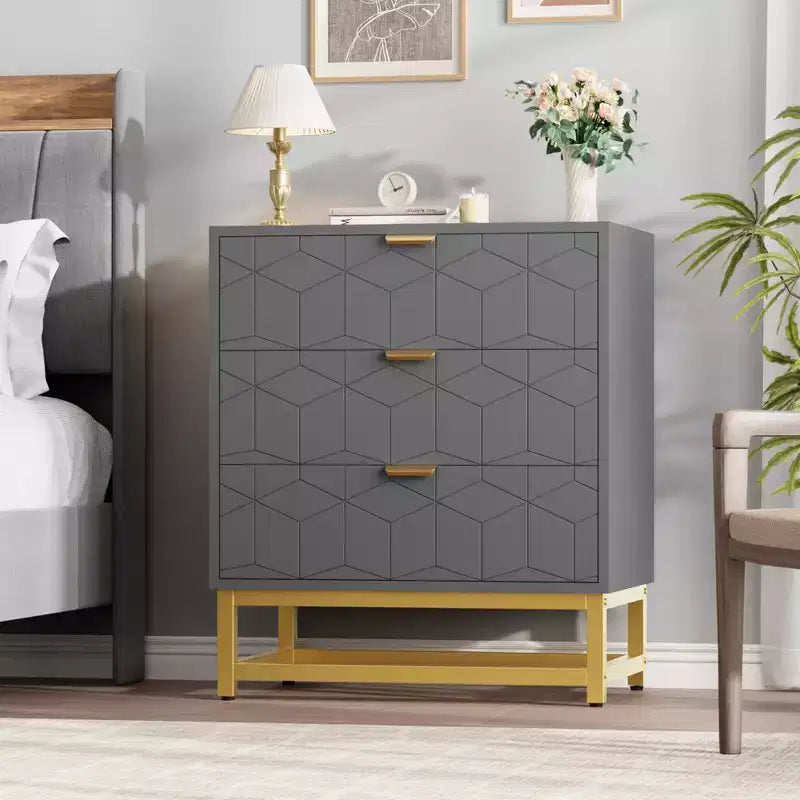 Modern 3 Drawer Wood Dresser, Chest of Drawers with Gold Handles, Bedroom Nightstand & Storage Cabinet