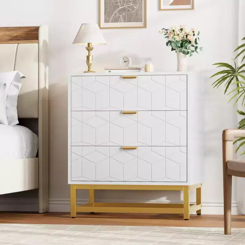 Modern 3 Drawer Wood Dresser, Chest of Drawers with Gold Handles, Bedroom Nightstand & Storage Cabinet