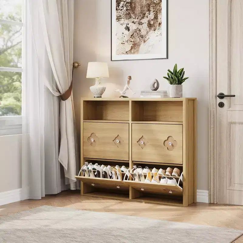 Shoe Storage Cabinet with Adjustable Shelves, Flower Pattern & Diamond Handle, Freestanding Slim Shoe Storage