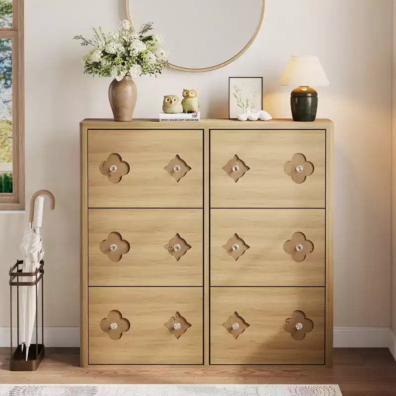 Shoe Storage Cabinet with Adjustable Shelves, Flower Pattern & Diamond Handle, Freestanding Slim Shoe Storage
