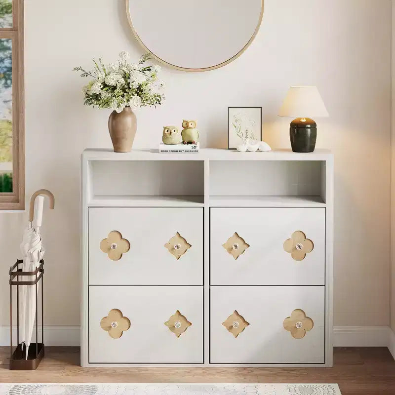 Shoe Storage Cabinet with Adjustable Shelves, Flower Pattern & Diamond Handle, Freestanding Slim Shoe Storage