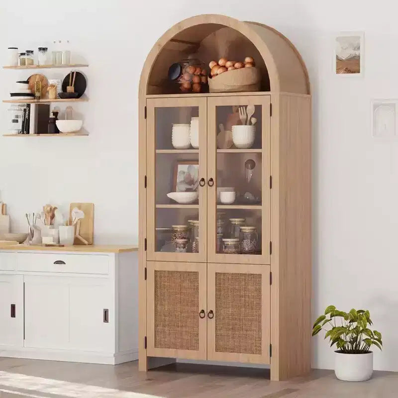 71 Tall Arched Cabinet with Storage, Kitchen Pantry Cabinet, , 6-Shelf Wood Storage Cabinet with Rattan Door and Drawer