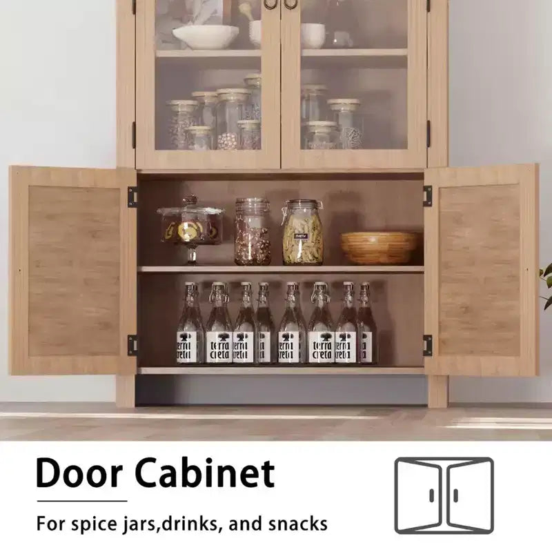 71 Tall Arched Cabinet with Storage, Kitchen Pantry Cabinet, , 6-Shelf Wood Storage Cabinet with Rattan Door and Drawer