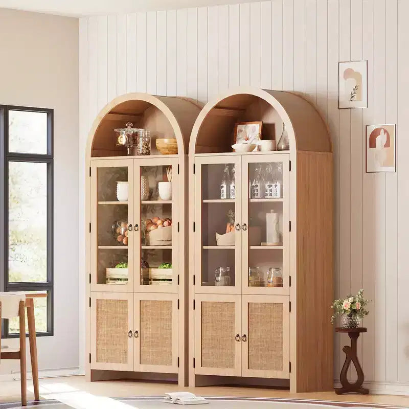 71 Tall Arched Cabinet with Storage, Kitchen Pantry Cabinet, , 6-Shelf Wood Storage Cabinet with Rattan Door and Drawer
